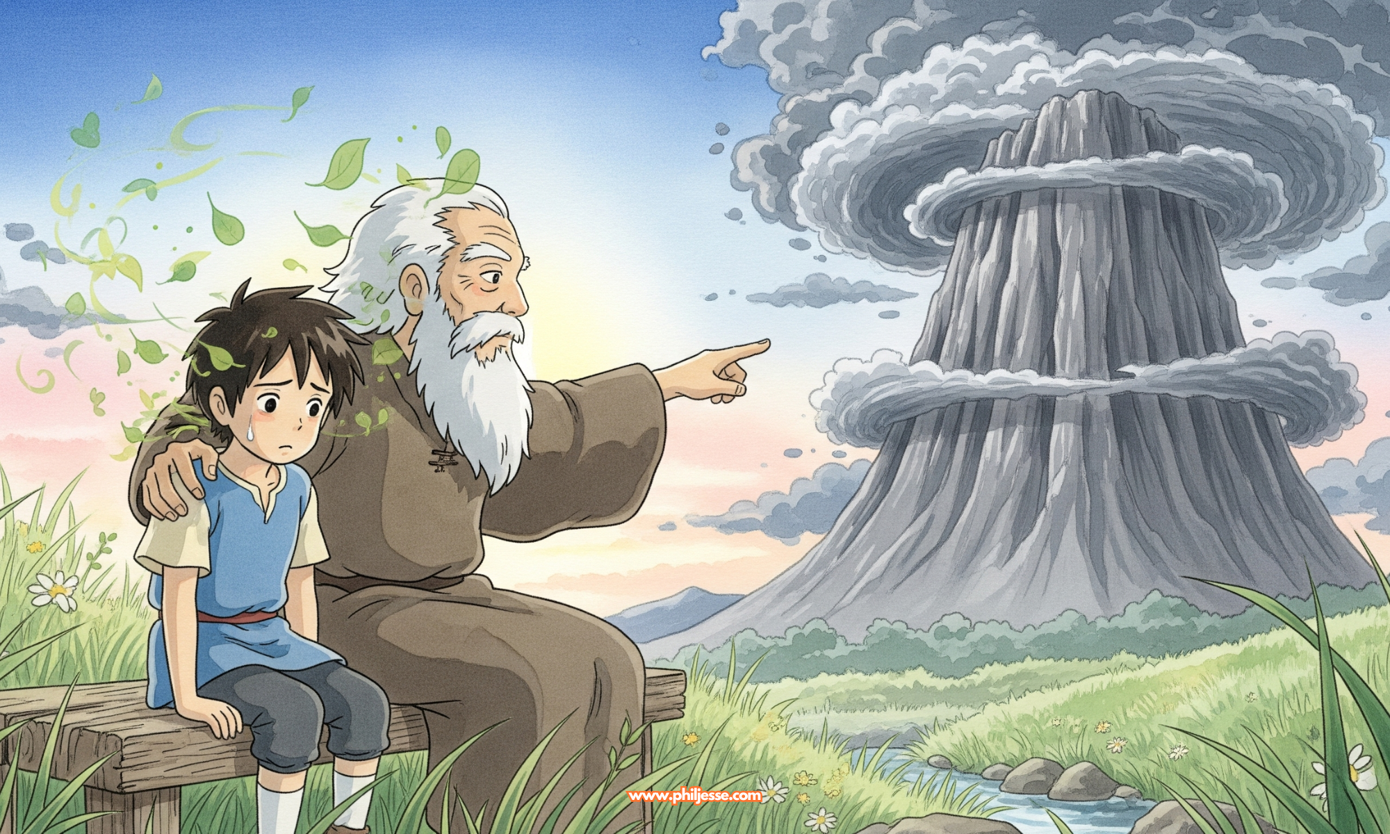 A Ghibli-inspired watercolor. A troubled Kai, with leaves of thought swirling, sits with an old man who points to a firm mountain, its peak surrounded by stormy clouds.