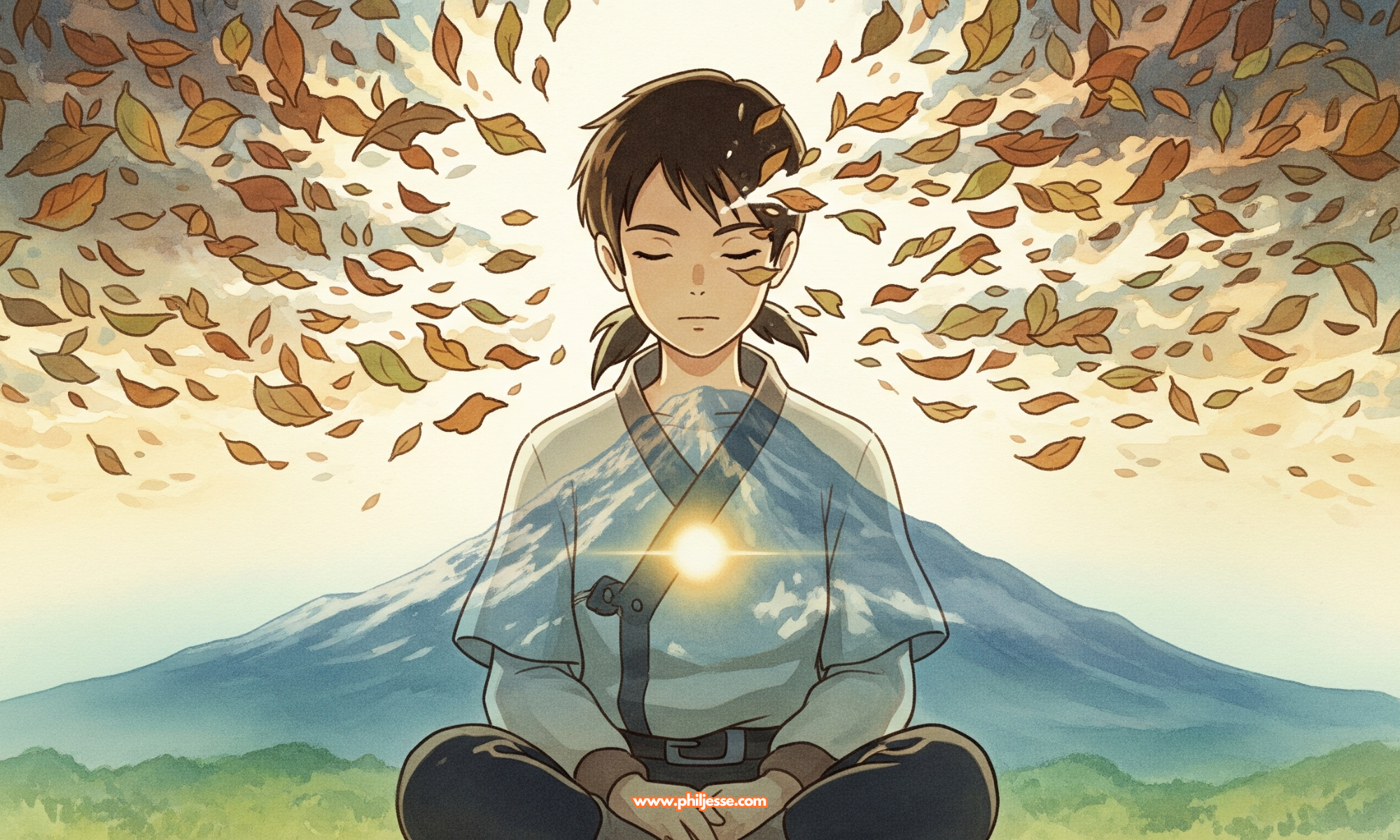 A Ghibli-inspired watercolor of Kai with eyes closed in peaceful meditation. Swirling leaves part around their head, a golden light emanates from their chest, and a mountain is superimposed on their form.