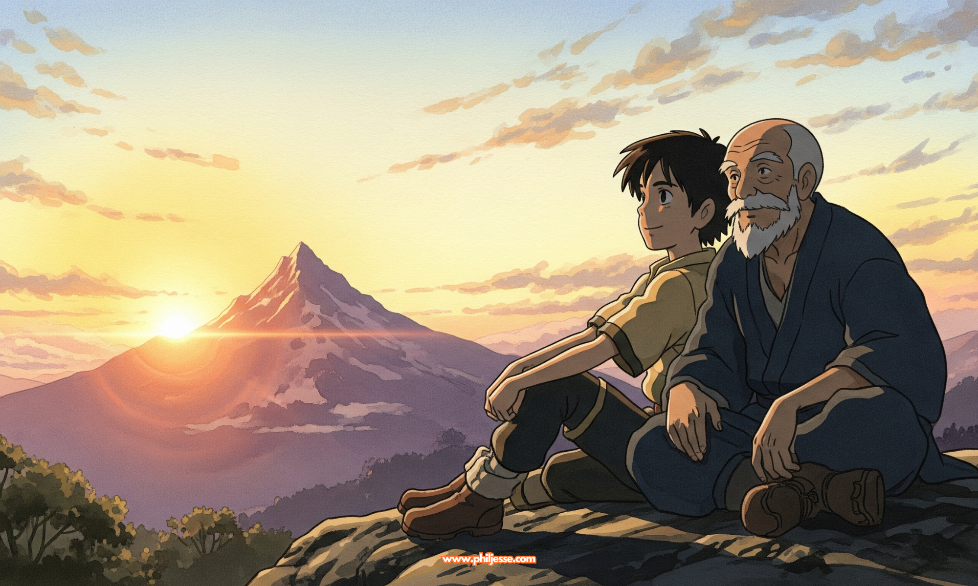 A Ghibli-inspired watercolor of Kai and an old man smiling peacefully as they watch a spectacular sunrise over a mountain, bathed in a warm, golden light.