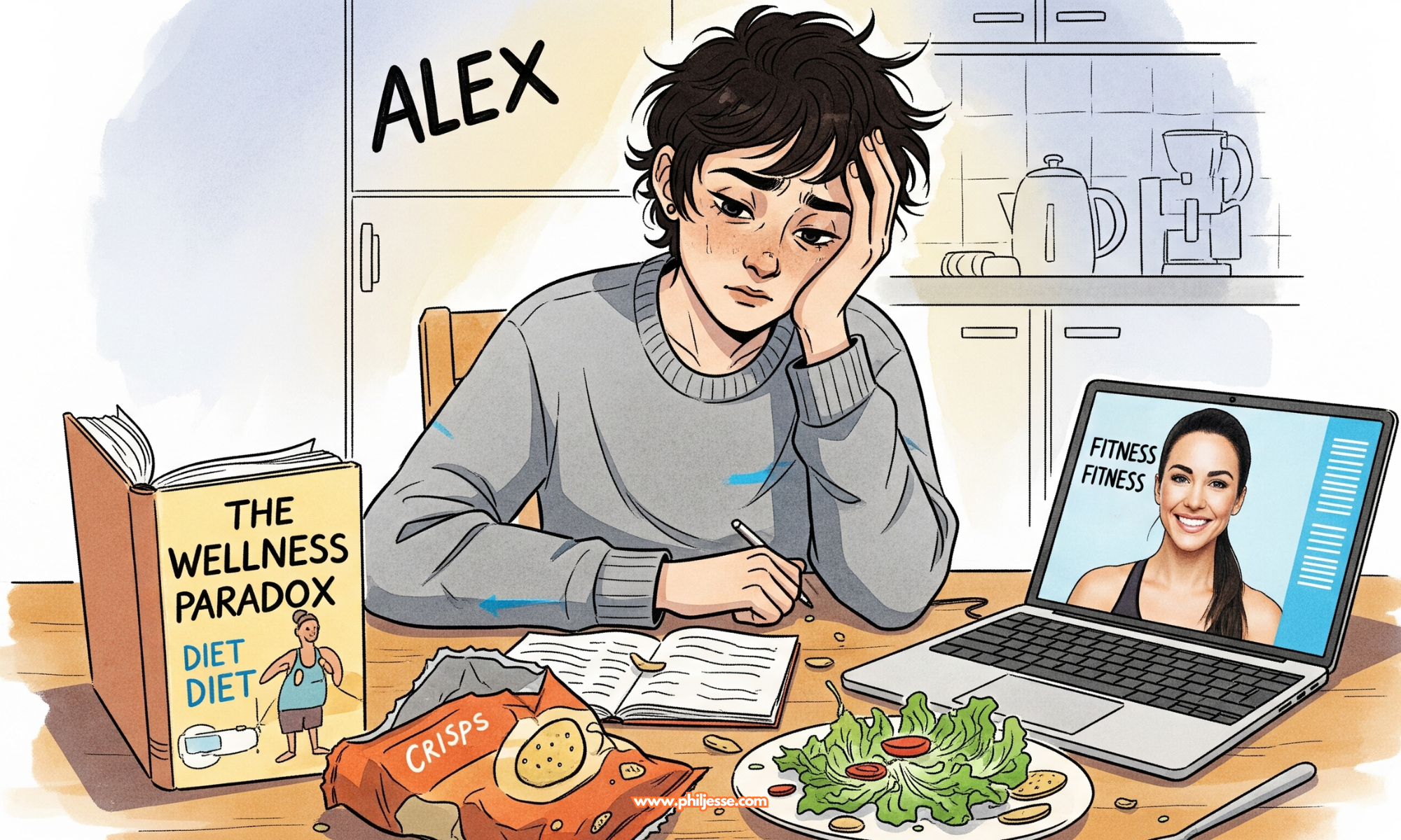 Alex, an androgynous character, sits overwhelmed at a cluttered table with conflicting diet messages: a diet book, a fitness influencer on a laptop, crisps, and a sad salad.