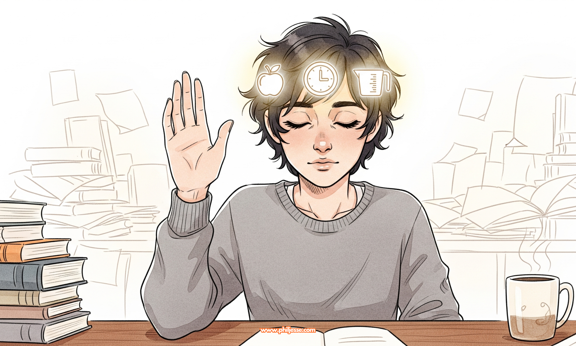 Alex pauses, eyes closed, hand up. Glowing icons of an apple, clock, and measuring cup appear, symbolizing a shift from chaos to mindful introspection about health.