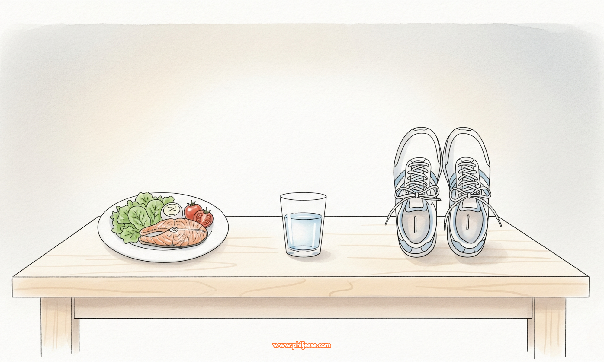 A minimalist table in a calm mental space holds clear icons of a healthy meal, a glass of water, and running shoes, representing clarity, order, and peace of mind.
