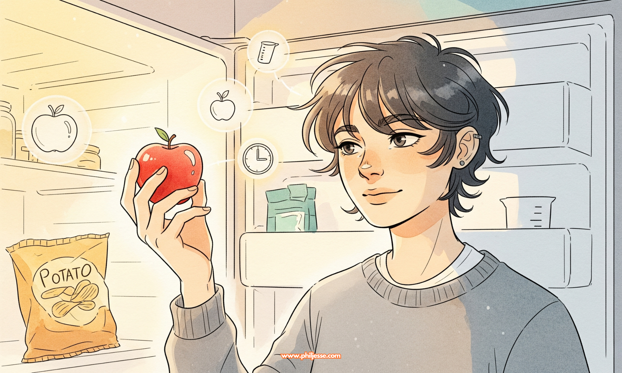 Empowered Alex makes a conscious choice, reaching for a healthy apple from the fridge. Unhealthy snacks are visible, but glowing health icons guide the decision.