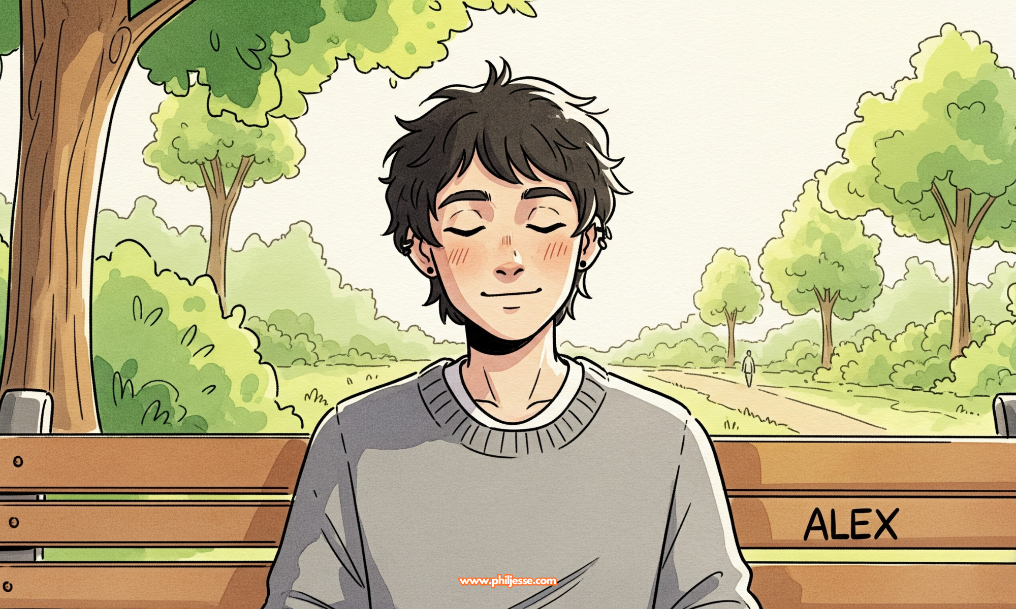 A serene Alex finds sustainable wellbeing and inner peace in a sunny park. This portrait captures quiet confidence and the result of mindful health choices.