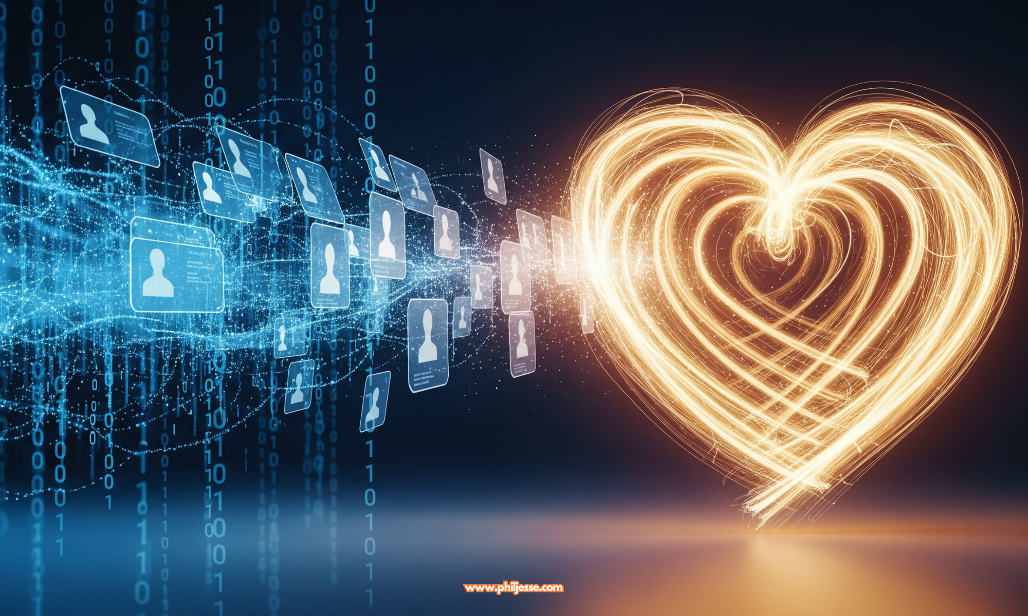 Symbolic image: a soft, glowing heart representing human connection is contrasted with the cold, logical lines of a digital algorithm, showing the tension between the two.