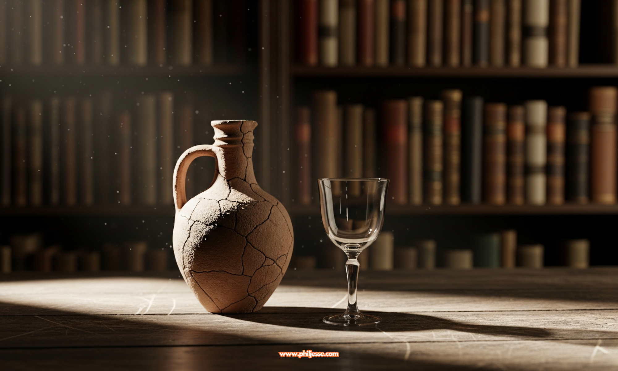 A still life of a rustic Mesopotamian jug and a Roman wine glass on a wooden table, in a library with a beam of light.