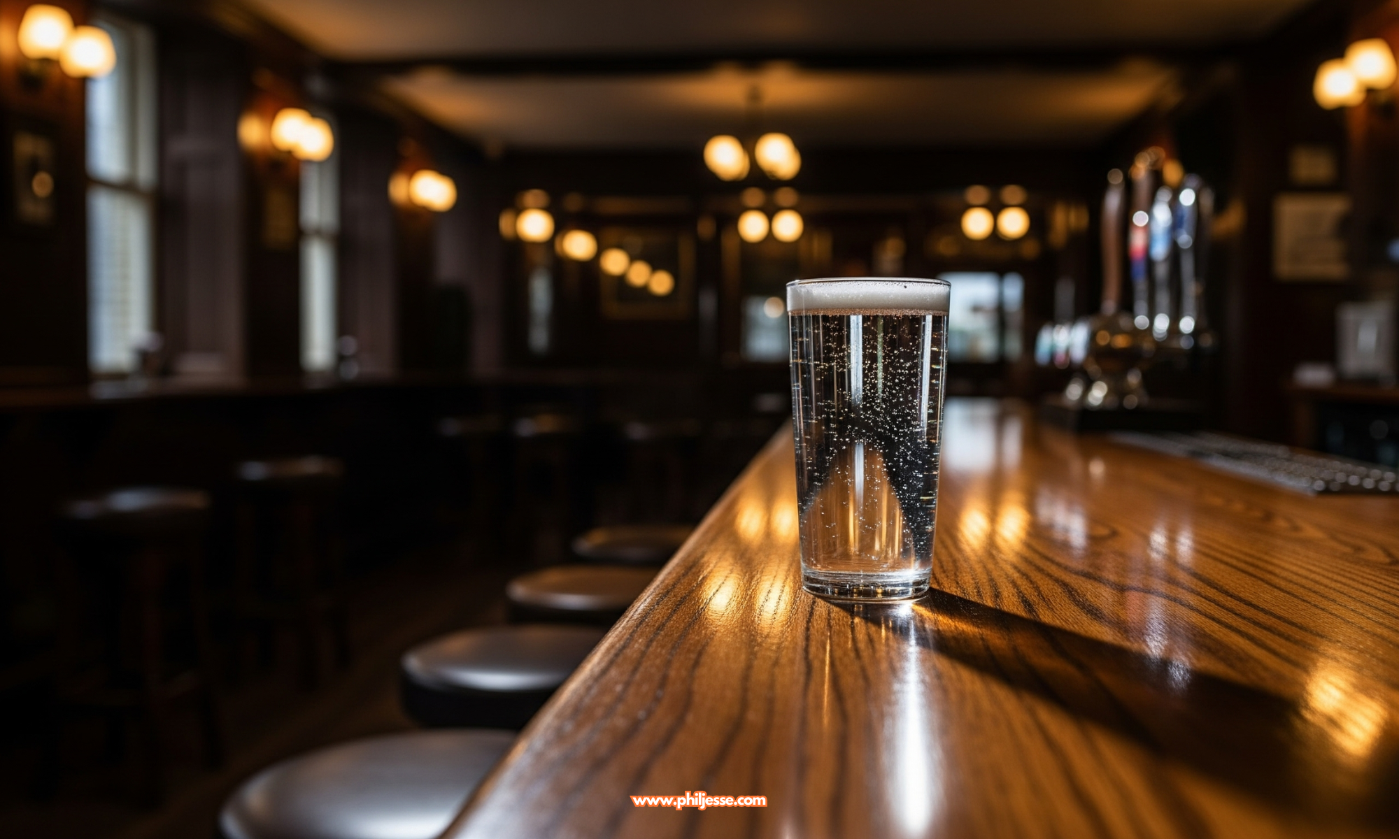 A half-full pint of beer on a pub bar casts a reflection of a glass of sparkling water, symbolizing a cultural shift.