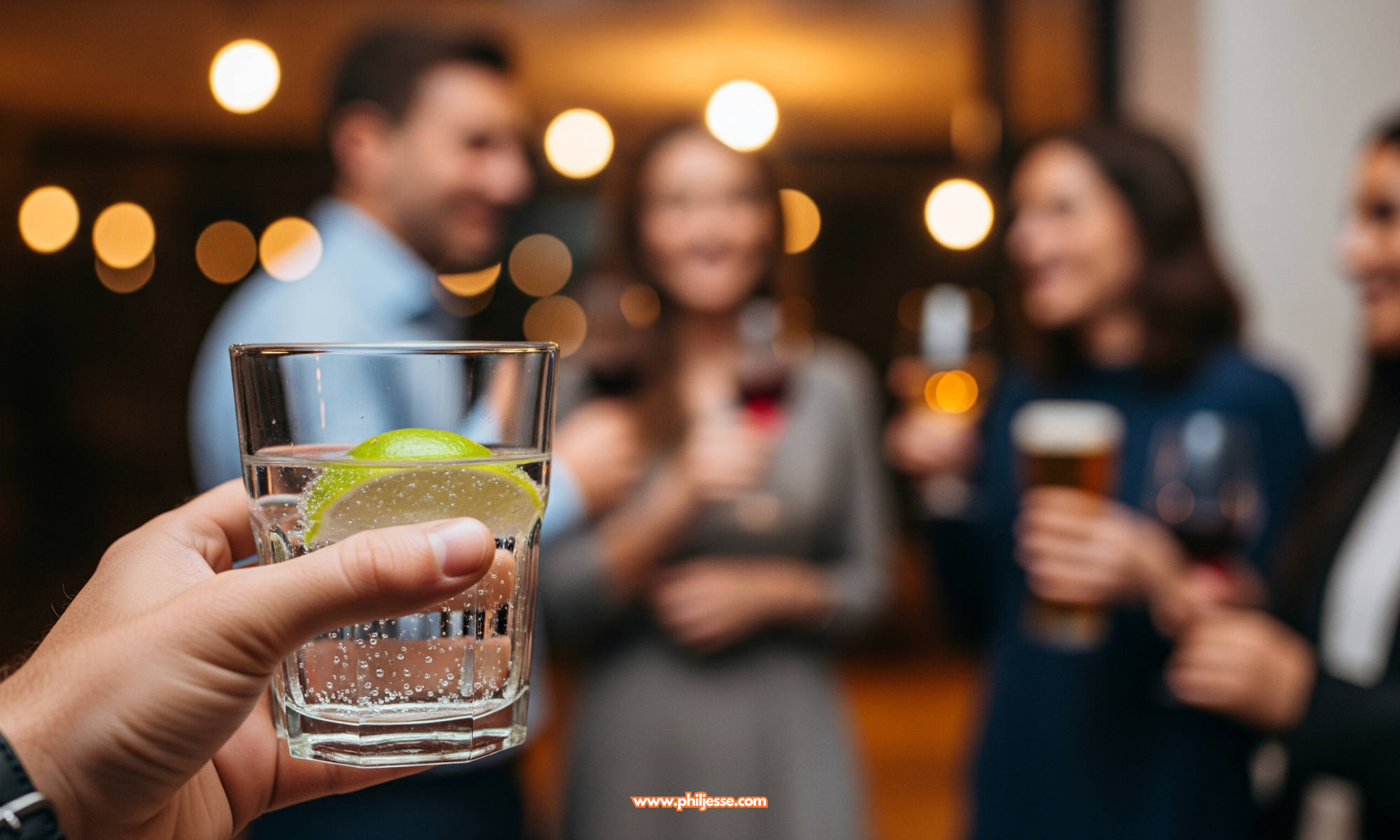 A person holds a glass of soda water, observing colleagues drinking wine and beer at a corporate after-work event.