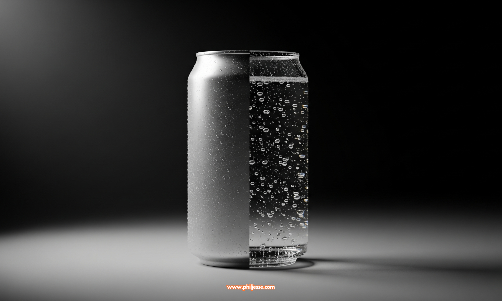 A modern beer can, half frosted metal and half clear glass, reveals it's filled with sparkling water, a metaphor for transparency in marketing.
