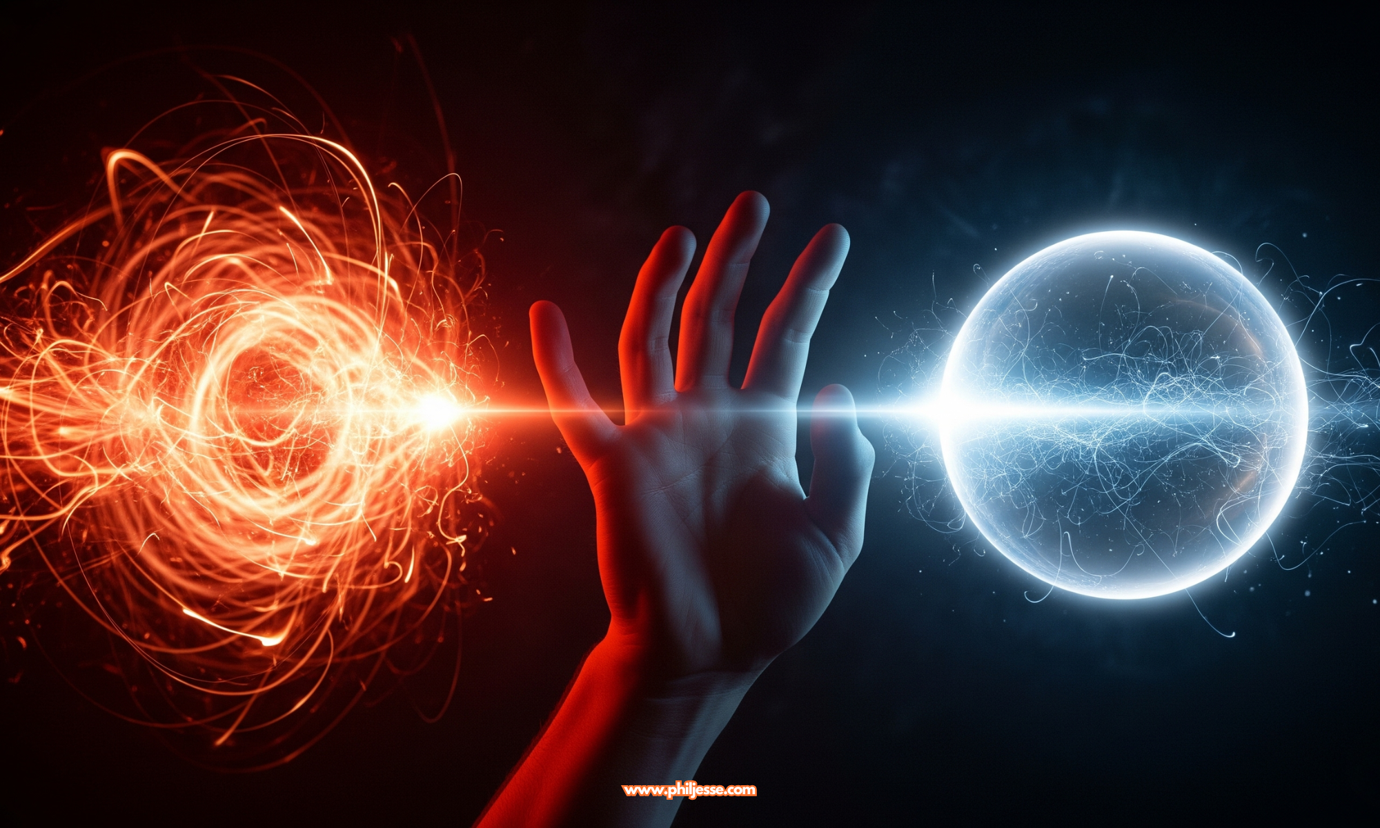 A hand is poised between a chaotic swirl of red light and a calm orb of blue light, symbolizing the choice between impulse and mindfulness.