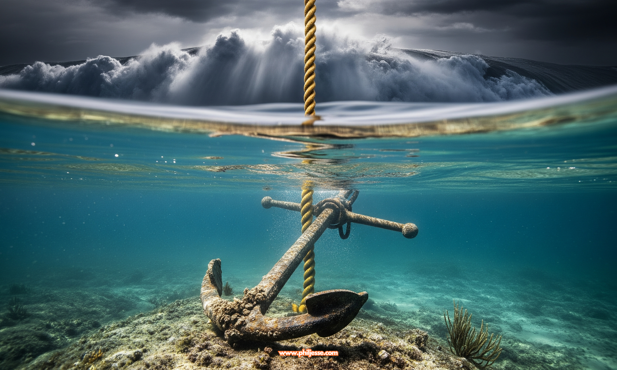 A heavy iron anchor on the seabed beneath turbulent storm waves, symbolizing stability and core purpose amidst chaos.