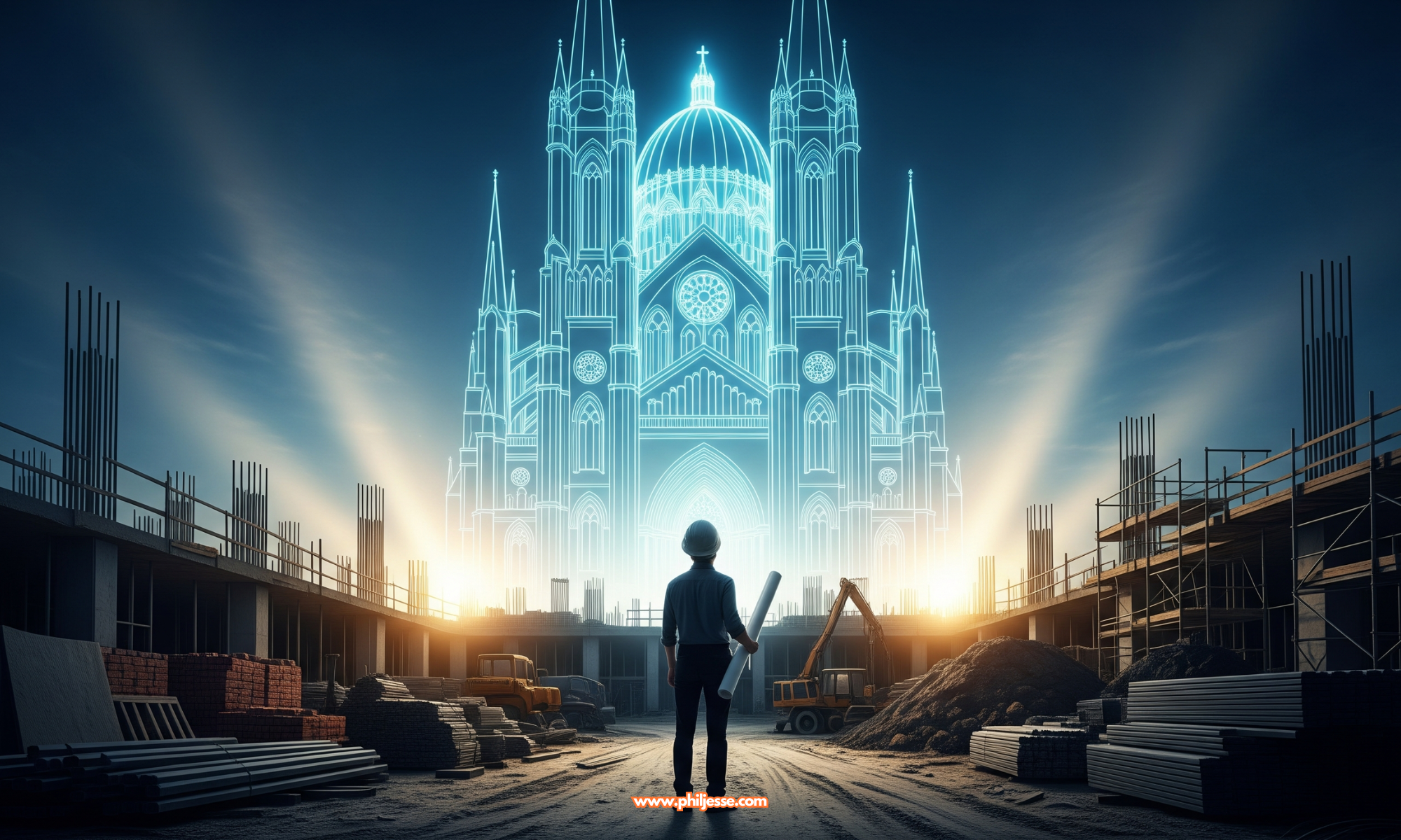 A person in a white hard hat holds blueprints and gazes at a glowing, digital projection of a large gothic cathedral superimposed over an active construction site, symbolizing the power of vision and purpose.