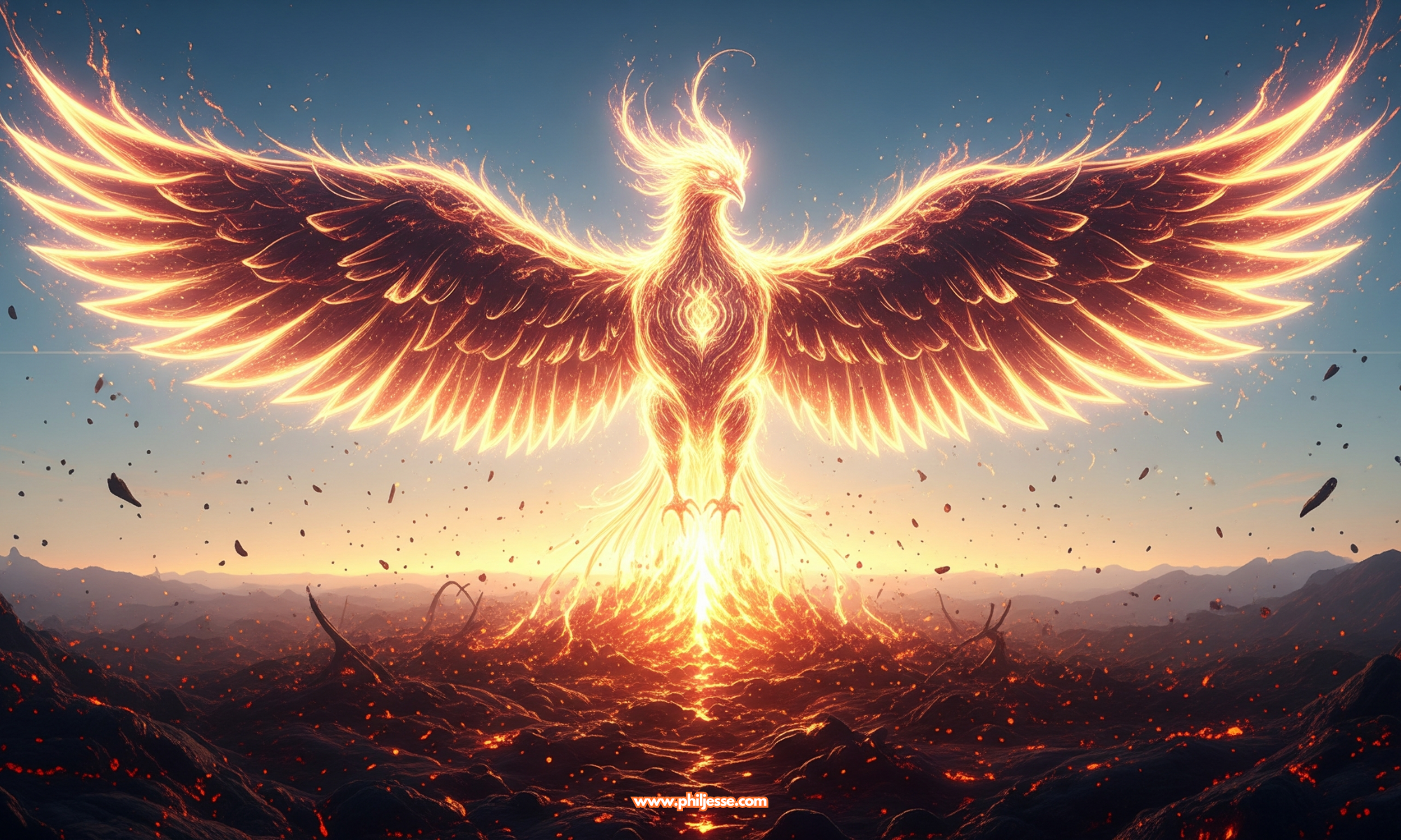 A magnificent fiery phoenix with glowing orange and yellow wings rises from a dark, molten volcanic landscape against a sunset sky, symbolizing rebirth and power.