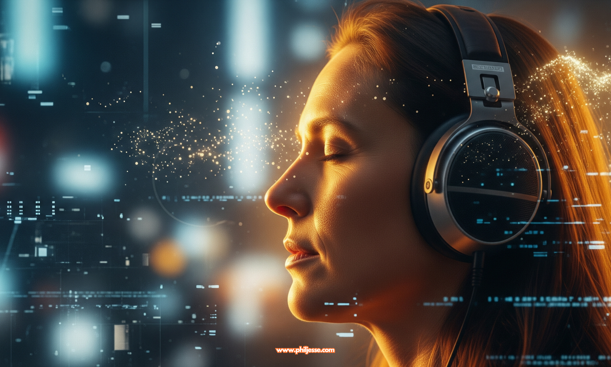 A woman wearing headphones with eyes closed, illuminated by warm light and glowing golden particles against a dark digital interface background, symbolizing immersive audio technology.