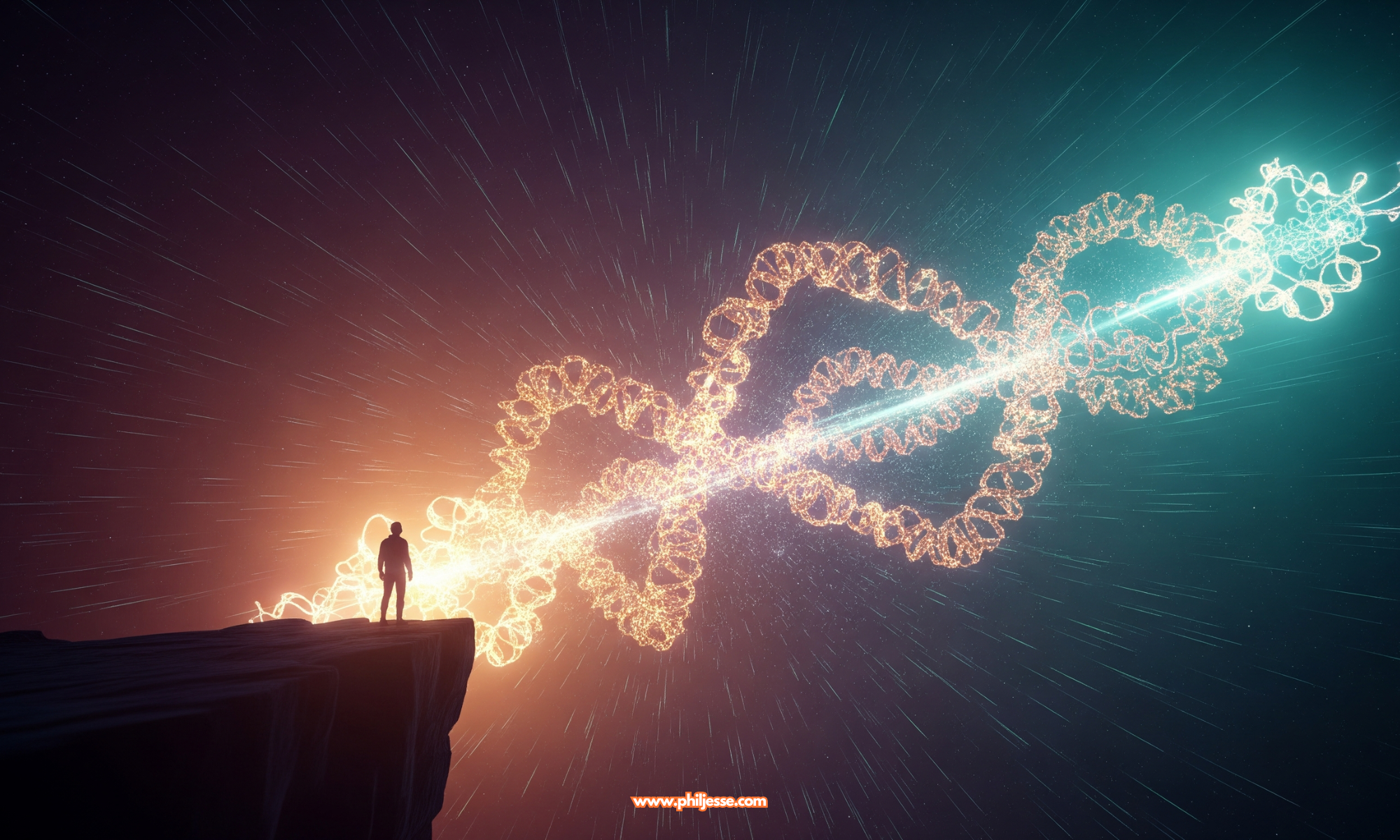 Artistic visualisation of a human facing a glowing digital structure, symbolising the optimism and scientific breakthroughs of DeepMind's The Thinking Game.