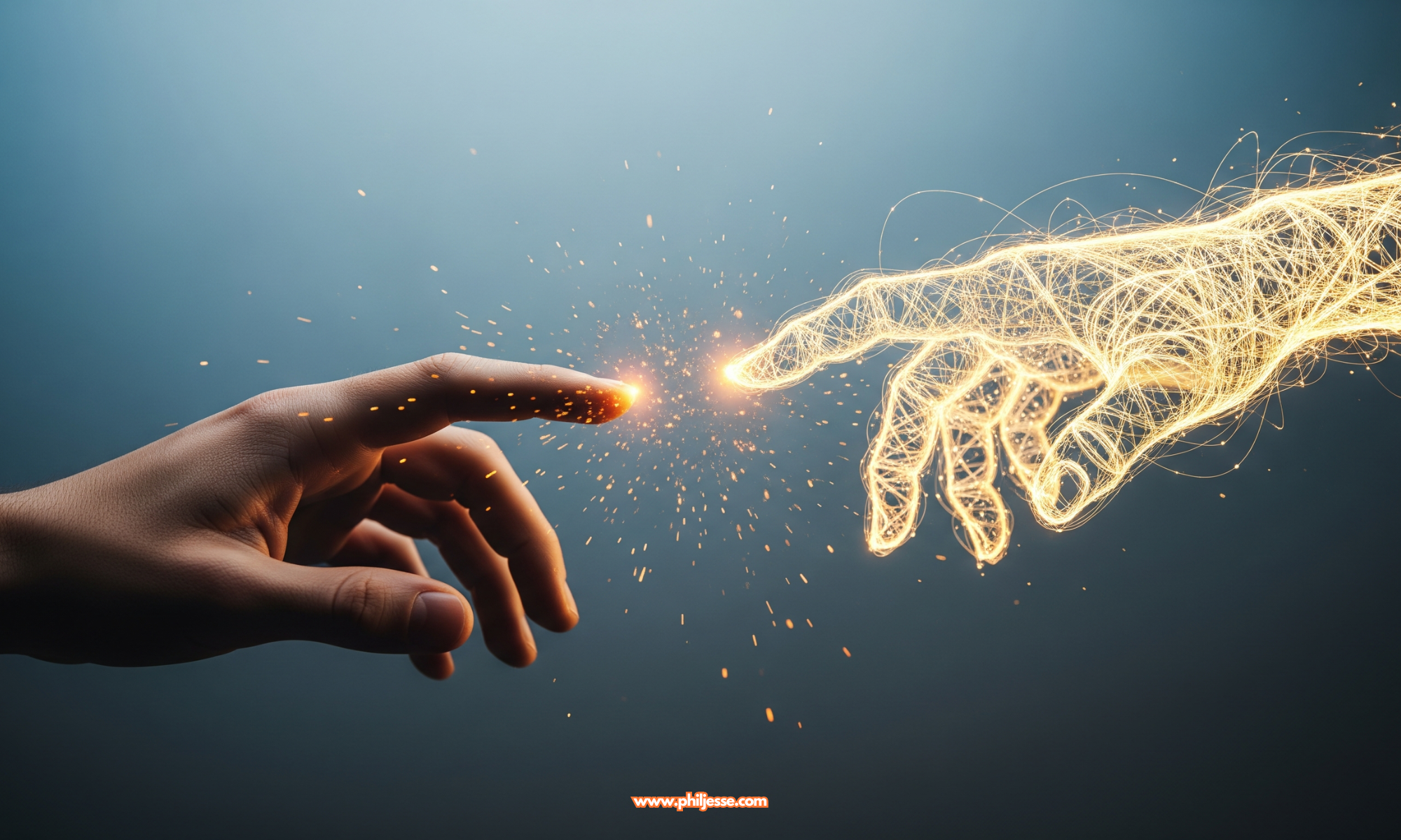 A human hand reaching toward a digital hand, symbolising the symbiotic relationship between human creativity and AI in The Thinking Game documentary.