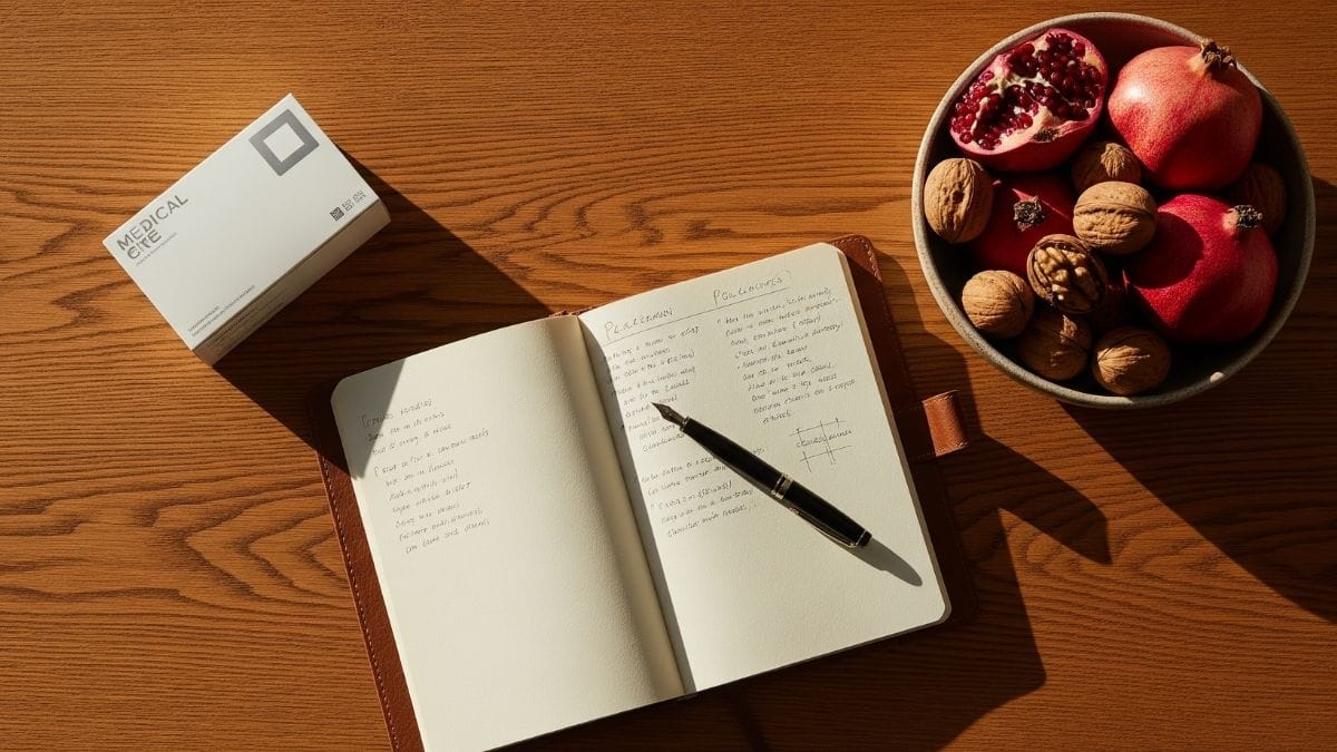 Flat-lay of a wooden table with a medical box, whole foods, and a journal, illustrating the 'What, When & How Much' lifestyle planning method.