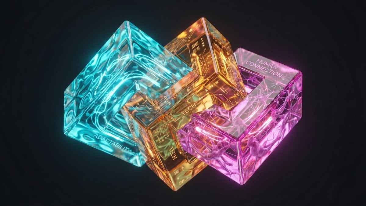 Abstract 3D visualization of Adaptive, Technical, and Human Intelligence interlocking as a modern leadership stack.