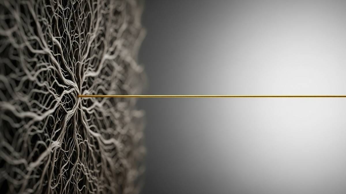 Tangled threads turning into a single golden line, representing the Clarity Partnership and strategic mindset focus.