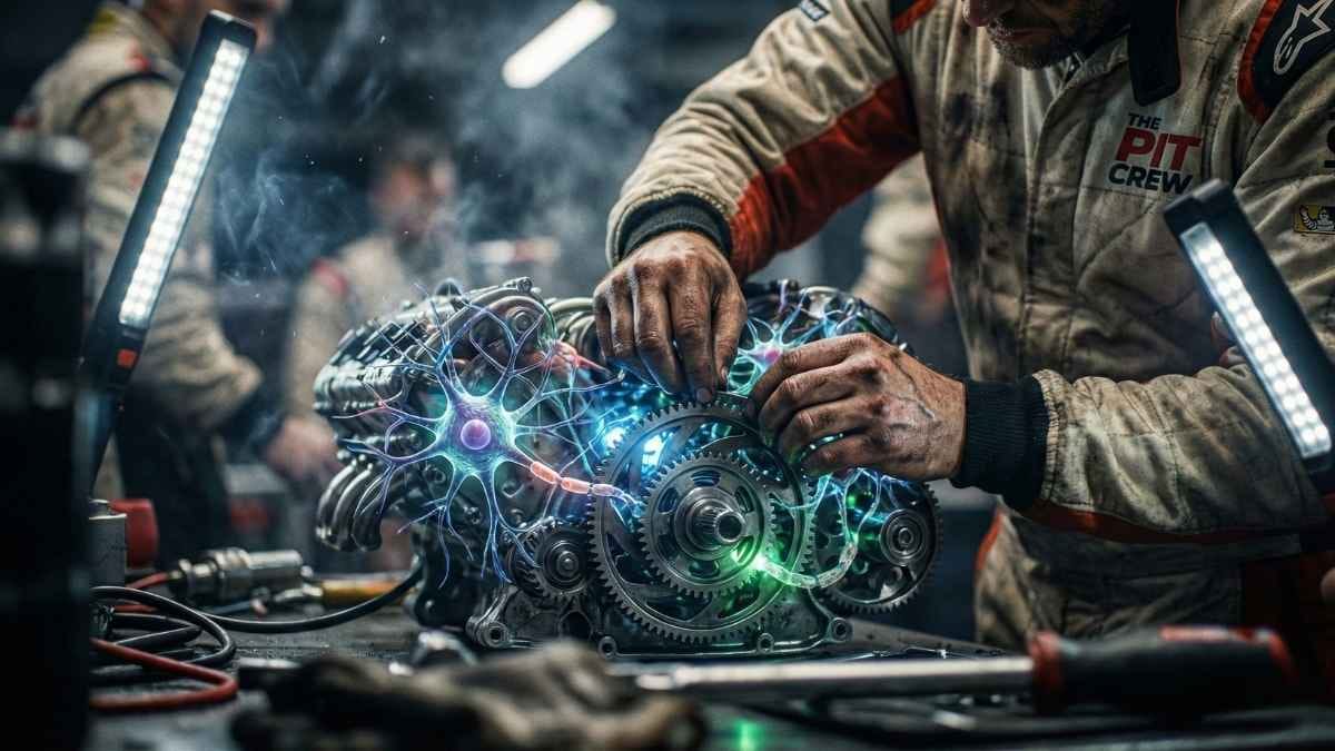 Mechanic hands fine-tuning a complex futuristic engine, symbolizing neurodivergent nervous system regulation and empathy.