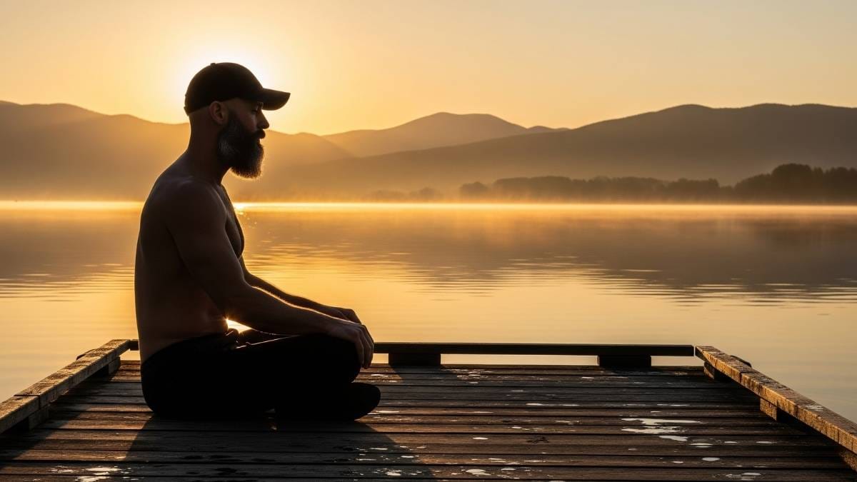 A man meditating on a pier at sunrise, practicing neuro-somatic focus and cognitive load management.