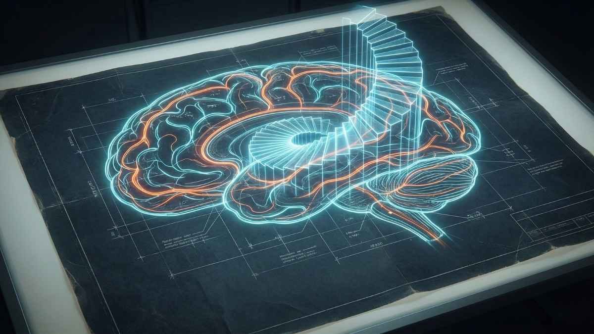 An architectural blueprint of glowing neural pathways representing continuous mindset growth and mental architecture.