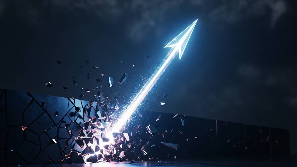 Glowing arrow shattering a barrier, symbolizing breakthrough performance coaching and achieving audacious goals.