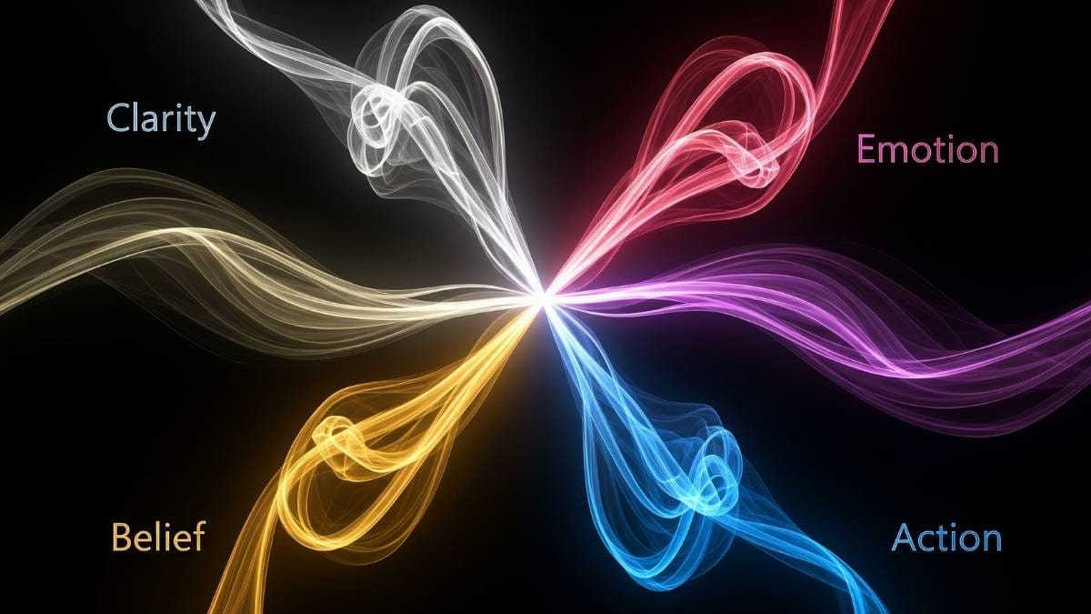 Abstract ribbons of light representing clarity, belief, and action uniting to symbolise strategic manifestation.