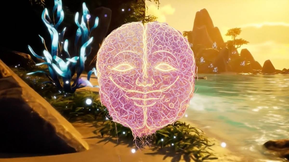 An abstract brain with glowing lines forming a serene face, representing wellbeing and biological architecture.