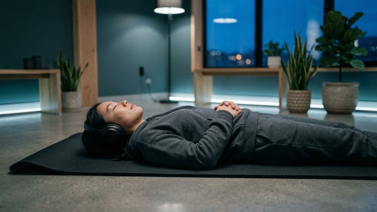 Person wearing headphones practicing progressive muscle relaxation on a mat to regulate their nervous system.