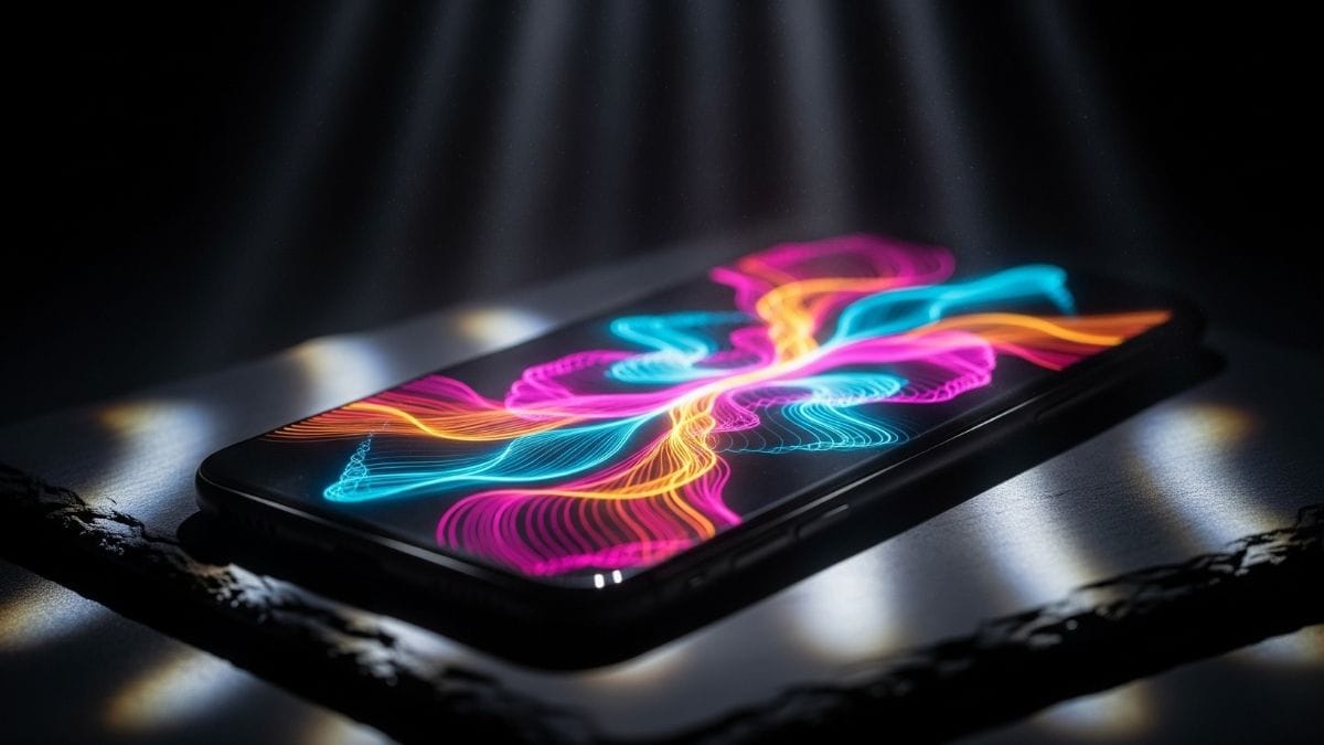 Glowing smartphone emitting bright neon colors in a dark room, representing algorithmic sensory overload.