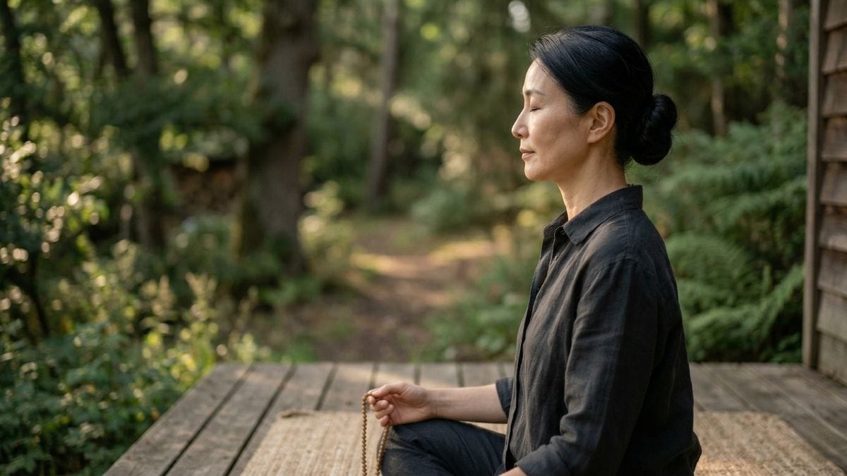 Person with eyes closed practicing deep breathwork and neuro-somatic nervous system regulation.