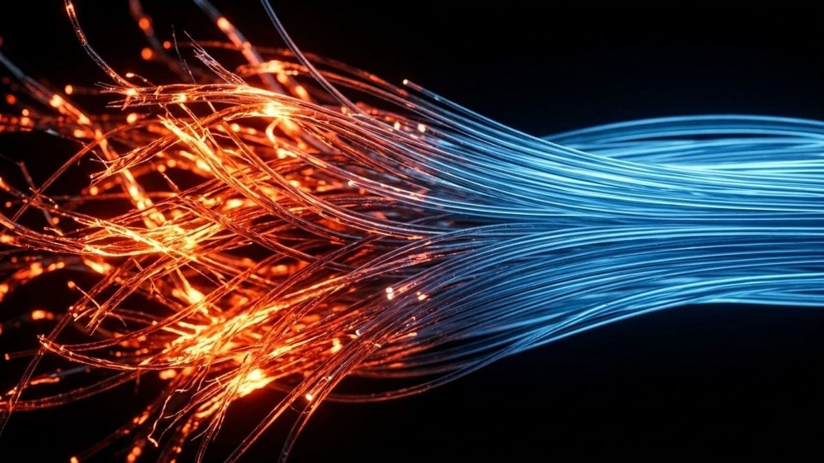 Abstract glowing neural network transitioning from chaotic orange to calm blue, showing nervous system regulation.