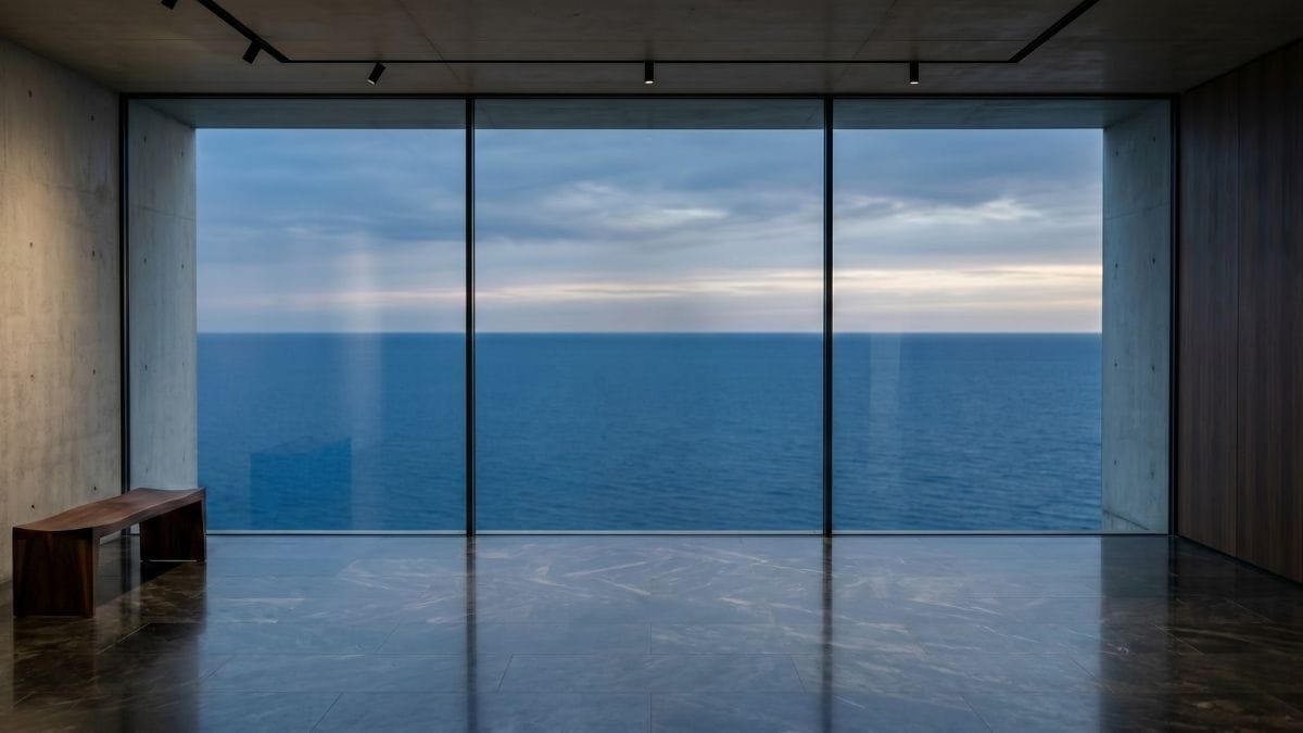Minimalist dark stone room with large glass windows overlooking a still blue ocean, ideal for somatic meditation.