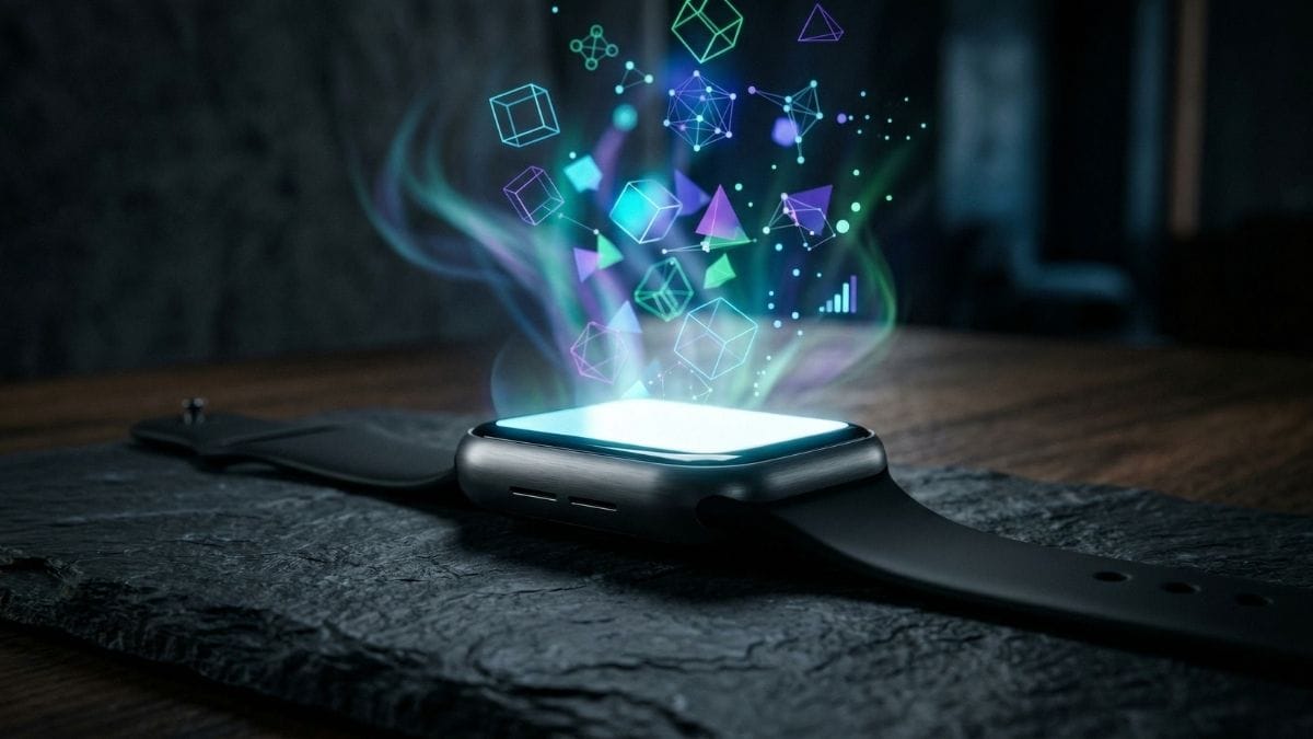 Sleek smartwatch glowing with abstract data, representing data vigilance and biometric tracking.