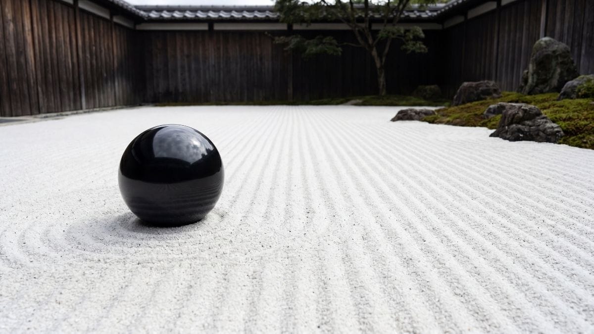 A dark obsidian sphere on precisely raked white sand, symbolizing grounded focus and nervous system regulation.