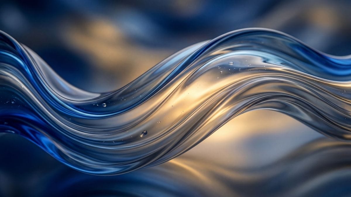 Abstract waves of deep blue and slate grey glass interacting with warm light, representing mental clarity.