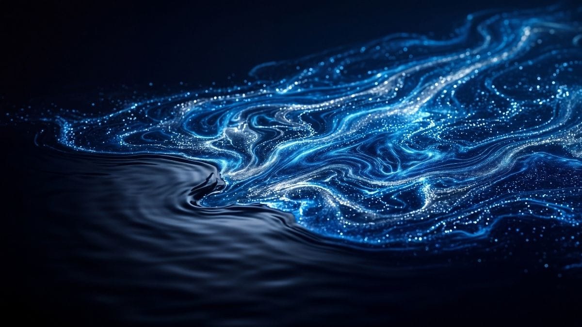 An abstract, high-end visual of still dark water illuminated by a vast, glowing bioluminescent blue light, representing mental clarity.