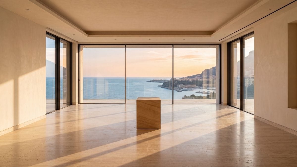 A sun-drenched, minimalist meditation room inside a luxury Monaco villa overlooking the ocean.