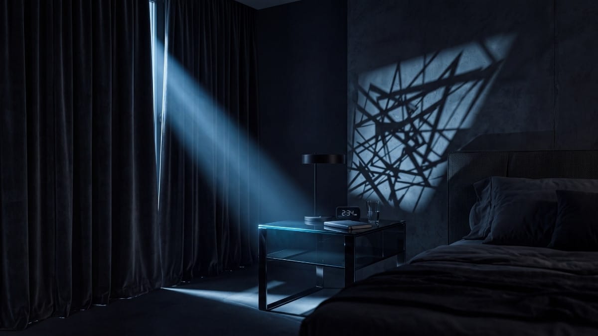 Abstract luxury bedroom at night with geometric shadows representing overthinking and a restless mind.