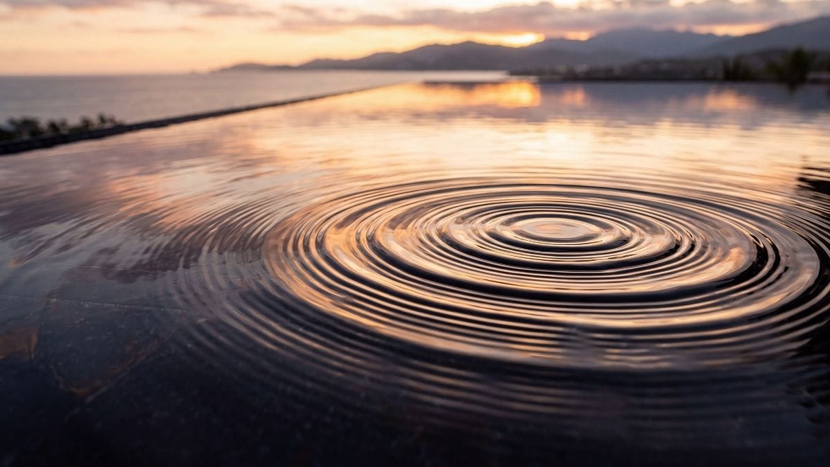 Expanding water ripples in a black obsidian pool representing somatic permission and neuro-somatic resonance.