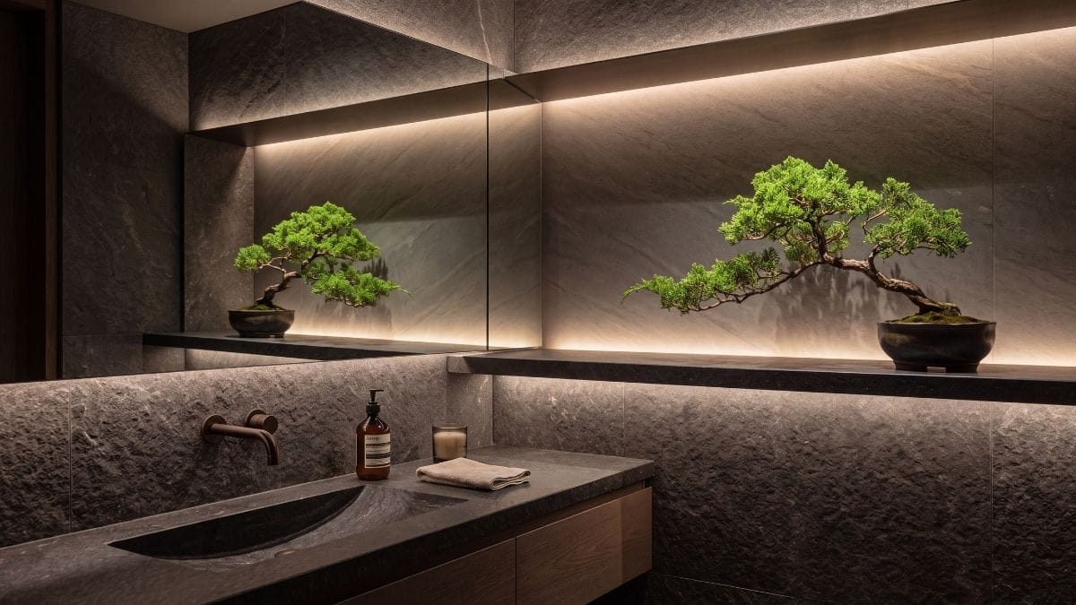 Minimalist luxury mirror reflecting a calm stone wall and bonsai branch for grounding and mental clarity.
