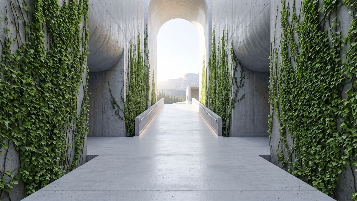 A minimalist concrete pathway leading upward toward bright light, flanked by green ivy, representing a strategic career pivot.
