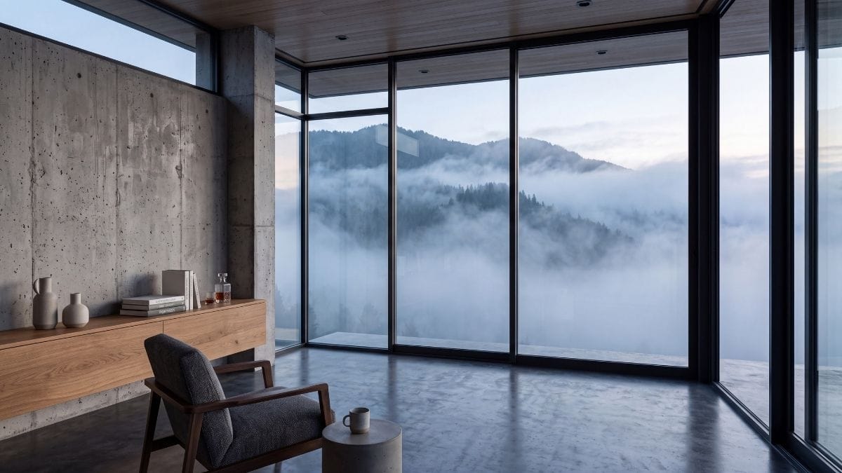 View through large glass windows of a modern concrete villa overlooking a vast, misty mountain valley.