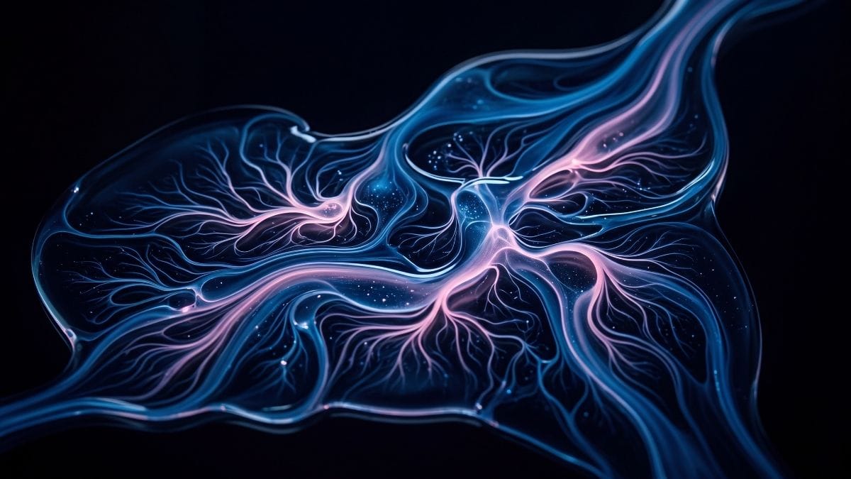 Abstract luminescent liquid settling into stillness, representing a calm and regulated nervous system.