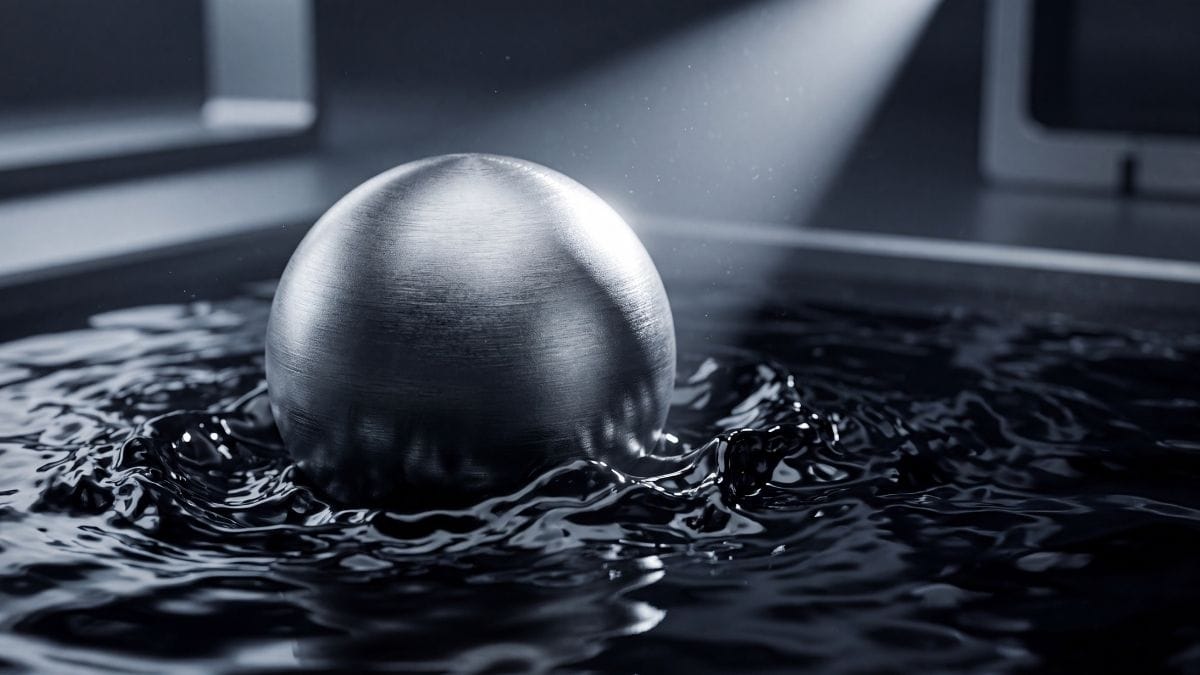A solid titanium sphere resting peacefully on a surface of chaotic, rippling dark liquid, symbolizing an unshakeable personal anchor.