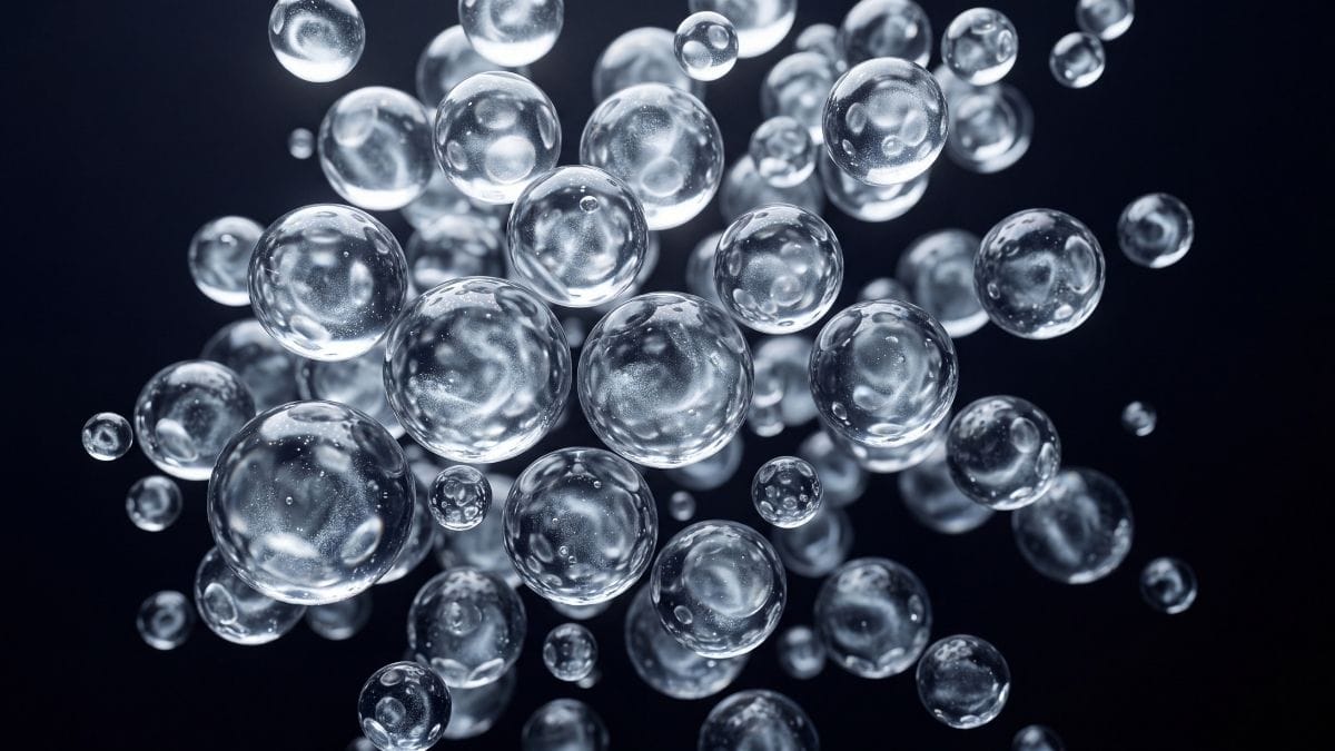 Abstract macro photography of expanding translucent glass orbs filled with glowing silver mist on a black background.