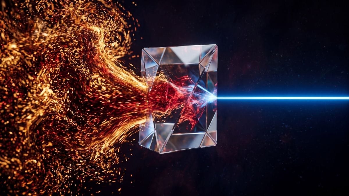 Abstract crystal prism filtering chaotic glowing particles into a single clear beam of light.