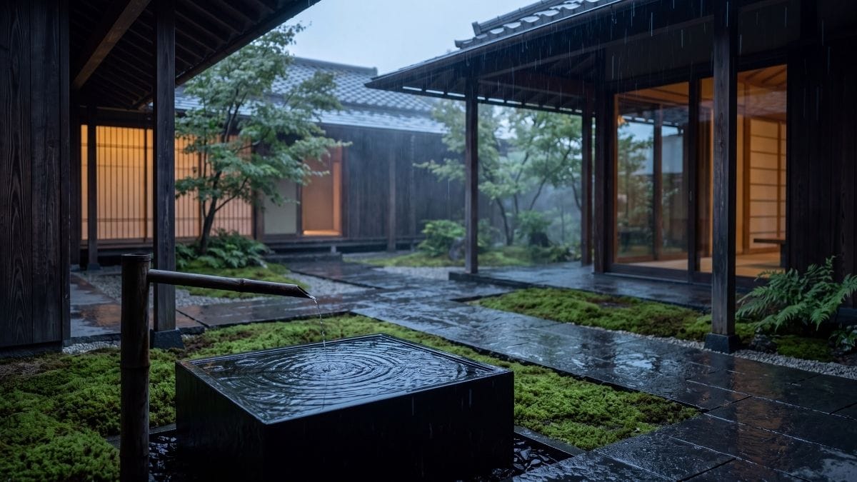 Tranquil Japanese garden courtyard in Kyoto with rain rippling on a dark stone reflection basin.