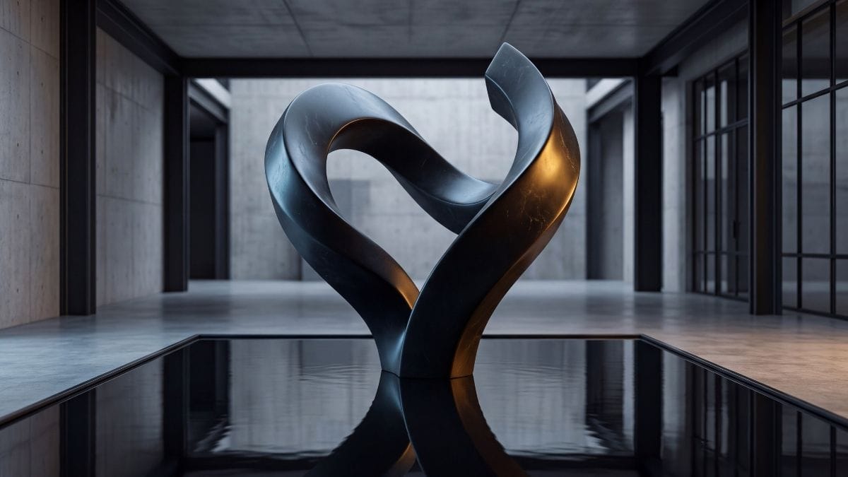 Abstract fluid sculpture reflecting contrasting cool blue and warm golden light.